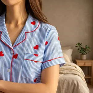 Ensemble de pyjama pour femmes à manches courtes avec imprimé cœur rayé, en coton, vêtements de nuit d'été, col rabattu mignon, short à boutons - Product Image 2