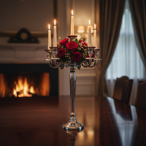 Elegant Polished Nickel Table Center Candelabra Vintage Style 5-Light Metal Pillar <b>Candle</b> Stand for Luxury Home & Living Room - Product Image 1
