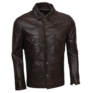 Genuine <b>Leather</b> Western Shirt Men's Unisex Dark Brown Full Sleeve Button Down CasualJacket Regular Fit All Seasons Turn-down - Product Image 1
