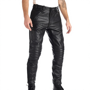 <b>Men's</b> Black <b>Leather</b> Moto Biker <b>Pants</b> High Waist Straight Fit With Side Pockets Button Fly Heavyweight Autumn Style - Product Image 3