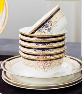 Service de vaisselle de luxe doré en porcelaine blanche service de table en céramique bol plats plats assiettes - Product Image 3