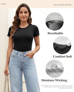 Combinaison pour femme à manches courtes, col rond, couleur unie, extensible, vêtements de sport, coupe ajustée, toutes saisons, tricot en spandex et coton - Product Image 3