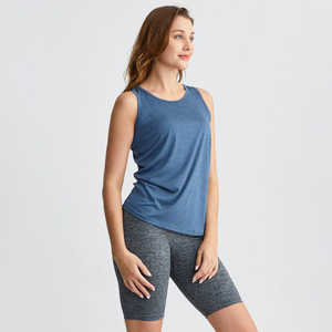 Women's Solid Color O-Neck Sleeveless Knitted Tank <b>Top</b> Breathable Sporty Style Regular Length Blue 100% Cotton Jersey - Product Image 2