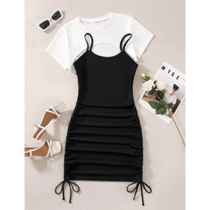 Minivestido ajustado fruncido en capas para mujer con camiseta interior – Vestido de fiesta con tirantes finos y cordón lateral - Product Image 1