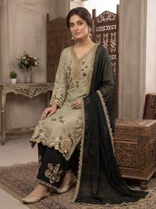 Ensemble prêt-à-porter brodé de créateur, comprenant un haut romain, un pantalon palazzo et un dupatta, entièrement cousu. - Product Image 2
