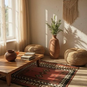 Tapis rectangulaire artisanal en laine tufté à la main, motif géométrique Kilim, écologique, pour salon, à poils moyens, nettoyage localisé, par Krafterscustom - Product Image 4