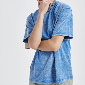 T-shirt Homme Bleu Délavé Effet Acide Vintage Bleu Océan Coton Lourd 100% Coton Épaules Tombantes Streetwear Vente en Gros Fournisseur OEM - Product Image 5