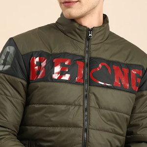 Blouson matelassé vert olive pour homme, col montant, fermeture éclair, imprimé lettres, coupe-vent, style décontracté, rembourrage en polyester - Product Image 5