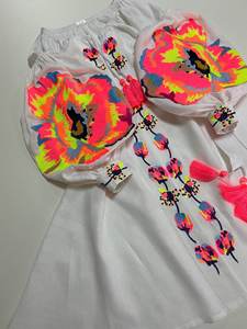 Vintage Boho Embroidered Cotton Short Dress Women Bright Floral Pattern <b>Balloon</b> Sleeve Tassel Waist Belt <b>Mini</b> Dress - Product Image 4