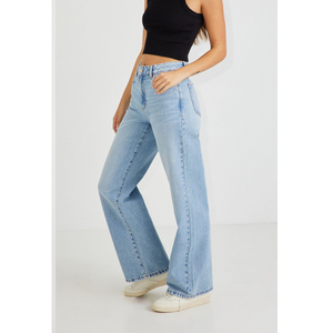 High Waist Wide Leg Plus Size Women's <b>Jeans</b> Full Length Light Washed Denim Casual Style <b>Button</b> <b>Fly</b> Solid Color Cotton - Product Image 3