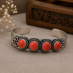 <b>Red</b> Handmade Vintage Coral Four Stone Boho Wide Cuff Bangle Gold Plated Oxidized Silver Finish Brass Jewelry - Product Image 6
