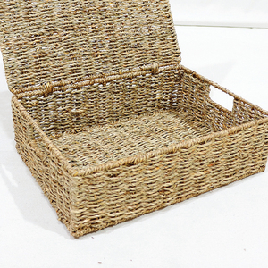 Handwoven Seagrass <b>Storage</b> <b>Basket</b> with Lid <b>Rectangular</b> Natural Woven Organizer for Bathroom Bedroom Kitchen Home Office - Product Image 5