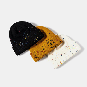 Unisex Speckled Knit Beanie Hat 100% Acrylic Cuffed <b>Winter</b> <b>Cap</b> Casual Style for Adults Black Yellow White Dot Pattern - Product Image 1