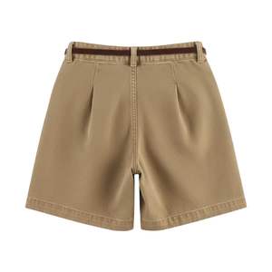 Shorts en jean plissés kaki, taille haute, avec ceinture, en coton, pour femme, coupe décontractée, vêtements d'été - Product Image 2