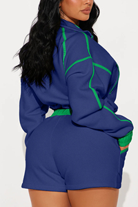 Women Plus Size Blue Green Contrast Tracksuit Set Casual Quarter-<b>Zip</b> Crop Top Shorts Loose Fit Summer Wear - Product Image 4