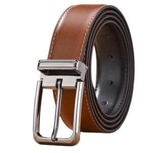 Ceinture en cuir de vachette réversible avec boucle à ardillon argentée, ceinture formelle pour homme, design bicolore marron et noir - Product Image 1