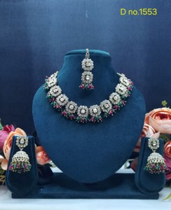 Geometric Square Shape Motif Crystal Beaded Fringe Necklace <b>Set</b> Wth Jhumka & Tika Festive Wear Antique Gold Plated <b>Jewellery</b> <b>Set</b> - Product Image 4