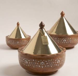 Juego de Cazuelas de Madera Blancas Royals con Tapa de Acero Inoxidable, Diseño Oriental, Redondas, Duraderas, Hechas a Mano, 20 cm, para Calentar y Servir Alimentos - Product Image 5