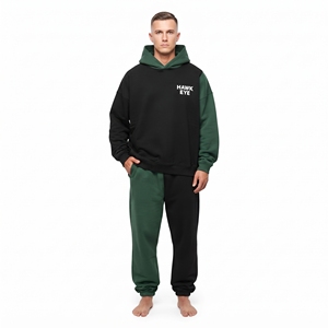 Conjunto de Sudadera con Capucha y Pantalones Deportivos de Dos Tonos para Hombre, Contraste Negro y Verde, Manga Larga, Corte Holgado, Informal, con Bolsillo Lateral - Product Image 1