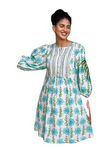 Main indienne bloc coton robe courte imprimé fleuri femme élégante robe de fête d'anniversaire été couverture de plage robe cadeau pour sa vente - Product Image 3