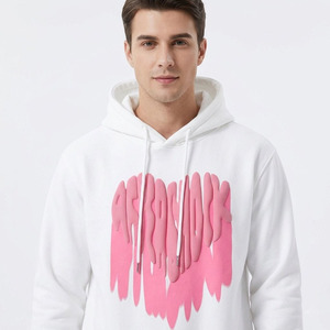 Custom Logo <b>Pink</b> Heart Graphic Hoodie White Heavyweight Streetwear <b>Sweatshirt</b> Wholesale Men Puff Print Pullover Drop Shoulder - Product Image 4