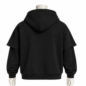 Sweat à capuche noir double couche surdimensionné à manches courtes avec empiècement manches longues, style streetwear décontracté, épais - Product Image 2