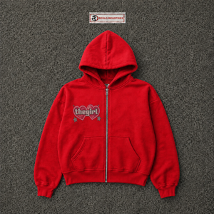 Red Zip Up Hoodie With <b>Heart</b> Graphic Rhinestone Design Oversized Streetwear Full Zipper Hooded <b>Sweatshirt</b> For Women Front Logo - Product Image 5