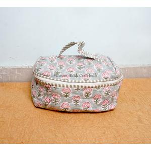 Hand Block Printed cotton Quilted vanity set With Zip Closure Floral Printed Cotton Fabric Bag for Women Cosmetic Bag Set - Product Image 2