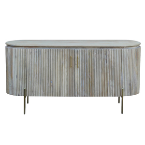 Aparador Moderno de Lujo Nórdico Ovalado de Madera Maciza, Mueble Buffet Japandi Moderno con Puertas Tambour Acanaladas y Patas de Metal Latón - Product Image 2