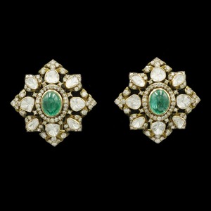 Classic 18K Gold Victorian Bloom <b>Stud</b> Earrings With <b>Emerald</b> Centre Gemstone & Polki Diamonds Floral Design Earring Set Jewellery - Product Image 1