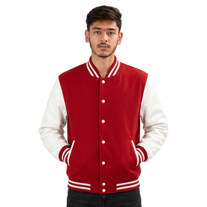 Chaqueta Varsity para Hombre en Color Rojo con Bloques de Color, Mangas Blancas, Cuello a Rayas, Cierre de Botones, Estilo Deportivo - Product Image 3