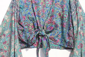 Top de seda con estampado Floral para mujer, ropa de playa Hippie Bohemia, mangas acampanadas, abrigo de seda, elegante Top corto de seda para mujer, novedad - Product Image 3