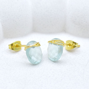 Aquamarine Gemstone <b>Stud</b> Earrings | Wire Wrapped Oval Blue Stone 8–10mm | March Birthstone Gift - Product Image 6