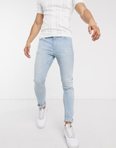Jeans de Mezclilla Slim Fit Azul Claro Lavado a la Piedra, Cintura Media, Estilo Casual Desgastado, Algodón Transpirable, Ropa de Primavera - Product Image 1
