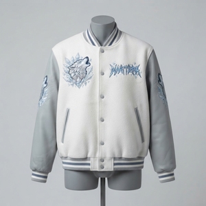 <b>Mens</b> <b>White</b> Ice Wolf Bomber <b>Jacket</b> Crystal Embroidery Gray Leather Sleeves Custom Winter Streetwear Fashion <b>Jacket</b> - Product Image 4