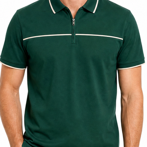 เสื้อโปโลสีเขียวมรกตคุณภาพสูง OEM สำหรับผู้ชาย ซิปติดแถบตัดสี แขนสั้น ระบายเหงื่อได้ดี - Product Image 2