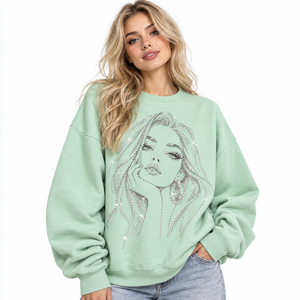 Women's Rhinestone Printed Crew Neck Sweatshirt Oversized Cotton Fleece Pullover Sweat Tee <b>Ladies</b> Drop Shoulder Baggy Sweat <b>Top</b> - Product Image 2