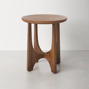 Mesa Auxiliar Redonda de Madera con Base Cruzada Arqueada, Estilo Moderno de Mediados de Siglo, Mesa Decorativa de Madera Sólida para Sala de Estar, Uso Interior - Product Image 2