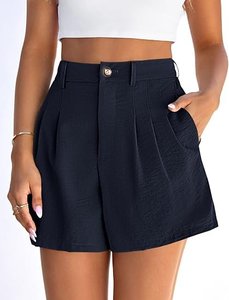 Shorts de Poliéster Azul Marino Lavado de Cintura Alta, Cómodos, con Cintura Elástica y Bolsillos, Corte Holgado Informal para Mujer - Product Image 2