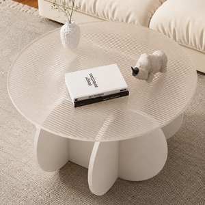 Table basse moderne en verre côtelé avec base sculpturale blanche, écologique et durable, pour salon et chambre à coucher - Product Image 4