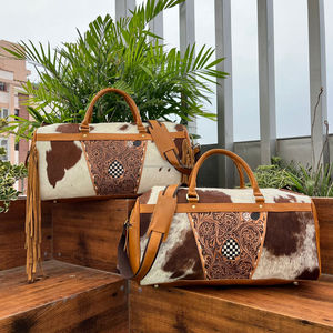 Mode élégant 2 pièces usiné à la main cheveux en cuir véritable motif à carreaux Duffle Portable sac de nuit en plein air pour unisexe - Product Image 4