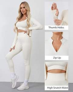 ชุดออกกำลังกายไร้รอยต่อ 3 ชิ้นสำหรับผู้หญิง เสื้อชั้นในกีฬา กางเกงโยคะเอวสูง เสื้อแจ็คเก็ตซิปพร้อมช่องสอดนิ้วโป้ง ชุดออกกำลังกาย - Product Image 4