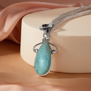 Natural Larimar Pendant Necklace Sterling Silver Cabochon Wrap Oval Signature Gem Piece Healing <b>Crystal</b> <b>Top</b> Grade Unisex - Product Image 1