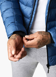 Blouson matelassé bleu coupe-vent décontracté pour homme, fermeture éclair, coupe ajustée, couleur unie, rembourrage en coton, logo frontal, style urbain - Product Image 3
