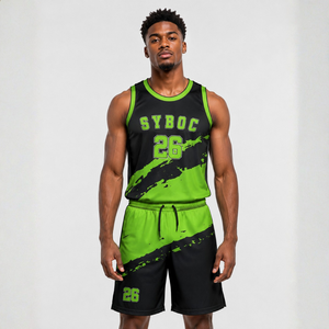 Conjunto de Uniforme de Baloncesto Personalizado por Sublimación, Negro y Verde Neón, con Diseño de Pinceladas, Cuello Redondo, Jersey sin Mangas, Pantalones Cortos, Secado Rápido y Transpirable - Product Image 1