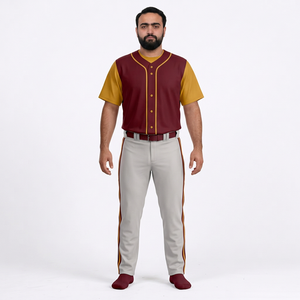 Conjunto de Camiseta de Béisbol para Hombre, Color Granate y Dorado, Manga Corta, Cierre de Botones, Transpirable, Antibacteriano, 100% Poliéster, Nombre del Equipo Personalizado - Product Image 1