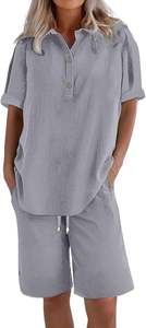 Conjunto de Ropa de Verano para Mujer, Tejido de Algodón, Camiseta Larga y Pantalón Corto, Cómodo para el Hogar, Estilo Relajado, Informal, para Interiores - Product Image 2