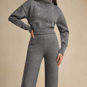 Womens Grey High Neck Tracksuit <b>Two</b> <b>Piece</b> Winter <b>Lounge</b> <b>Set</b> Sweatshirt And Jogger Pants Soft Casual Outfit - Product Image 1
