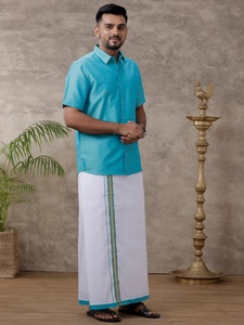 เสื้อเชิ้ตแขนยาวลำลองสำหรับผู้ชาย RAMRAJ LINEN ผลิตจากวัสดุรักษ์โลก พร้อมชุดกางเกง Dhoti ลายขอบเข้าชุด สำหรับโอกาสพิเศษในฤดูร้อน - Product Image 4
