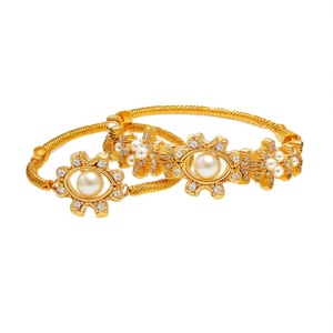 Goddess Kada Bangles-Vintage Brass Bracelet with Freshwater Pearl & Diamond Accents for Wedding & Engagement - Product Image 3